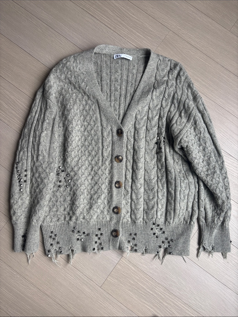 Zara Gray Distressed Cable-Knit Button Cardigan